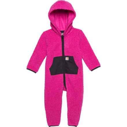 Carhartt Infant Girls CM9718 Hooded Teddy Fleece Coveralls - Full Zip, Long Sleeve in Dark Pink