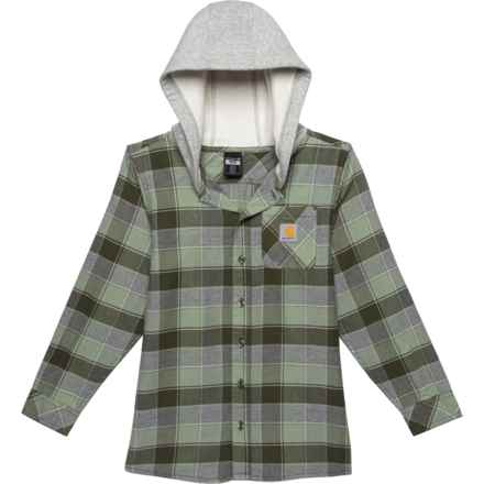 Carhartt Little Boys CE8192 Hooded Button Front Flannel Shirt - Long Sleeve in Olive