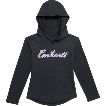 Carhartt Little Girls CA9981 Cursive Logo Hooded Shirt - Long Sleeve in Caviar Black