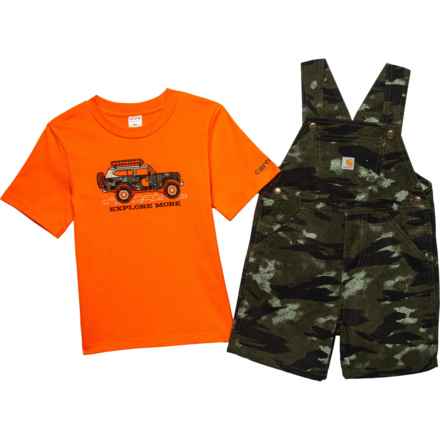 Carhartt Toddler Boys CG8853 Graphic T-Shirt and Canvas Shortalls Set - Short Sleeve in Orange/Camo/Green