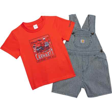 Carhartt Toddler Boys CG8855 T-Shirt and Stripe Shortalls Set - Short Sleeve in Dark Indigo Ticking Strp
