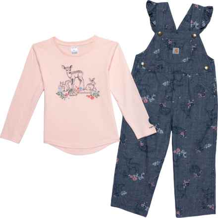 Carhartt Toddler Girls CG9798 Graphic T-Shirt and Ruffle-Trim Chambray Overalls Set - Long Sleeve in Chambray
