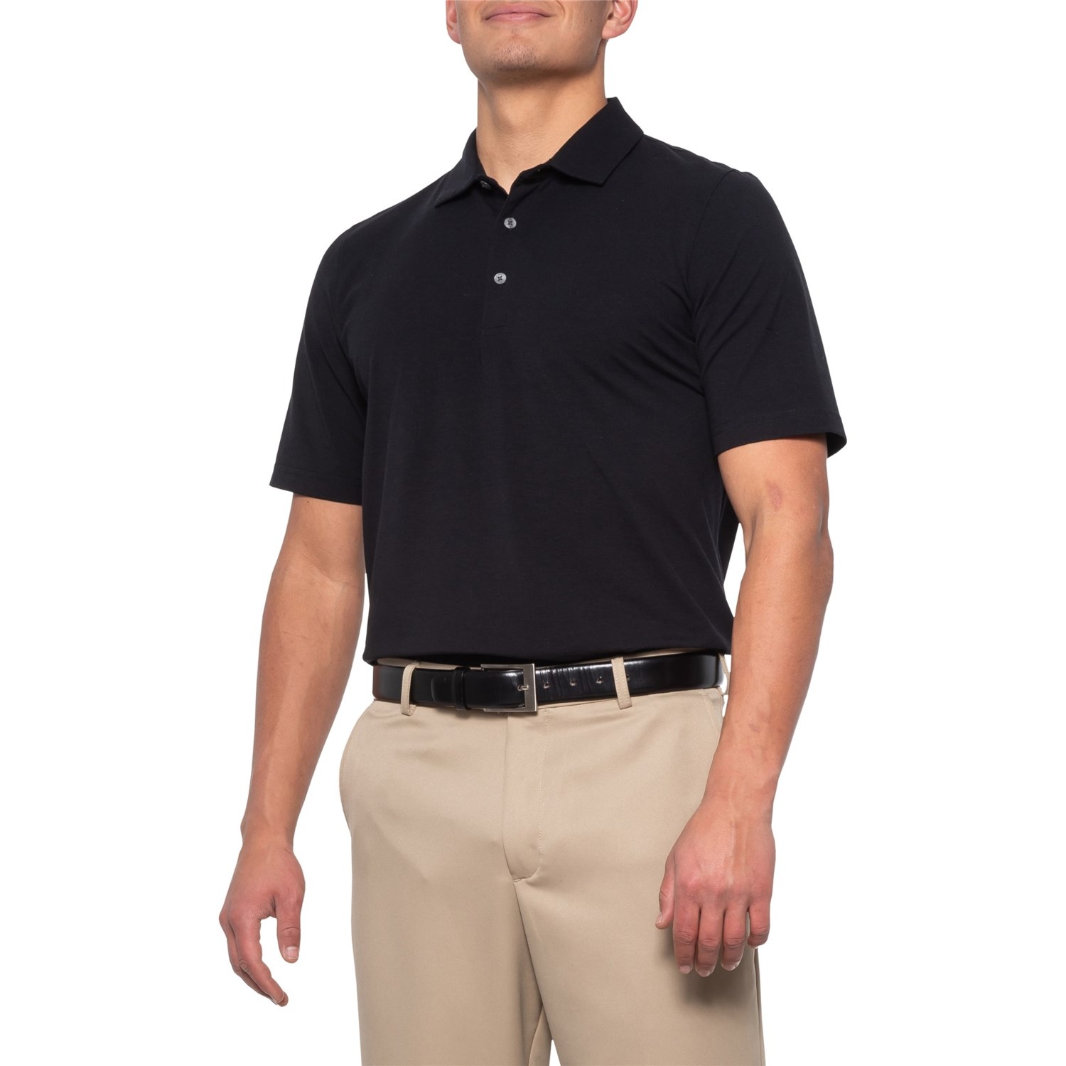 black polo shirt and khaki pants