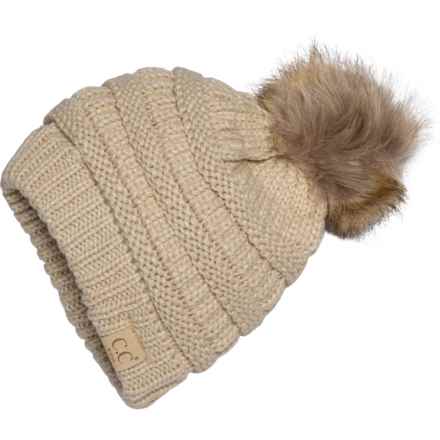 C.C. Pompom Beanie (For Big and Little Girls) in Beige - Closeouts