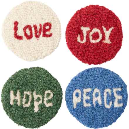 Chandler 4 Corners Hope Peace Love Joy Round Coasters - Hand-Hooked Wool, 4-Pack, 4.5” in Multi