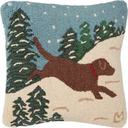 Chandler 4 Corners Snow Dog Chocolate Lab Hand-Hooked Throw Pillow - Wool, 18x18” in Multi