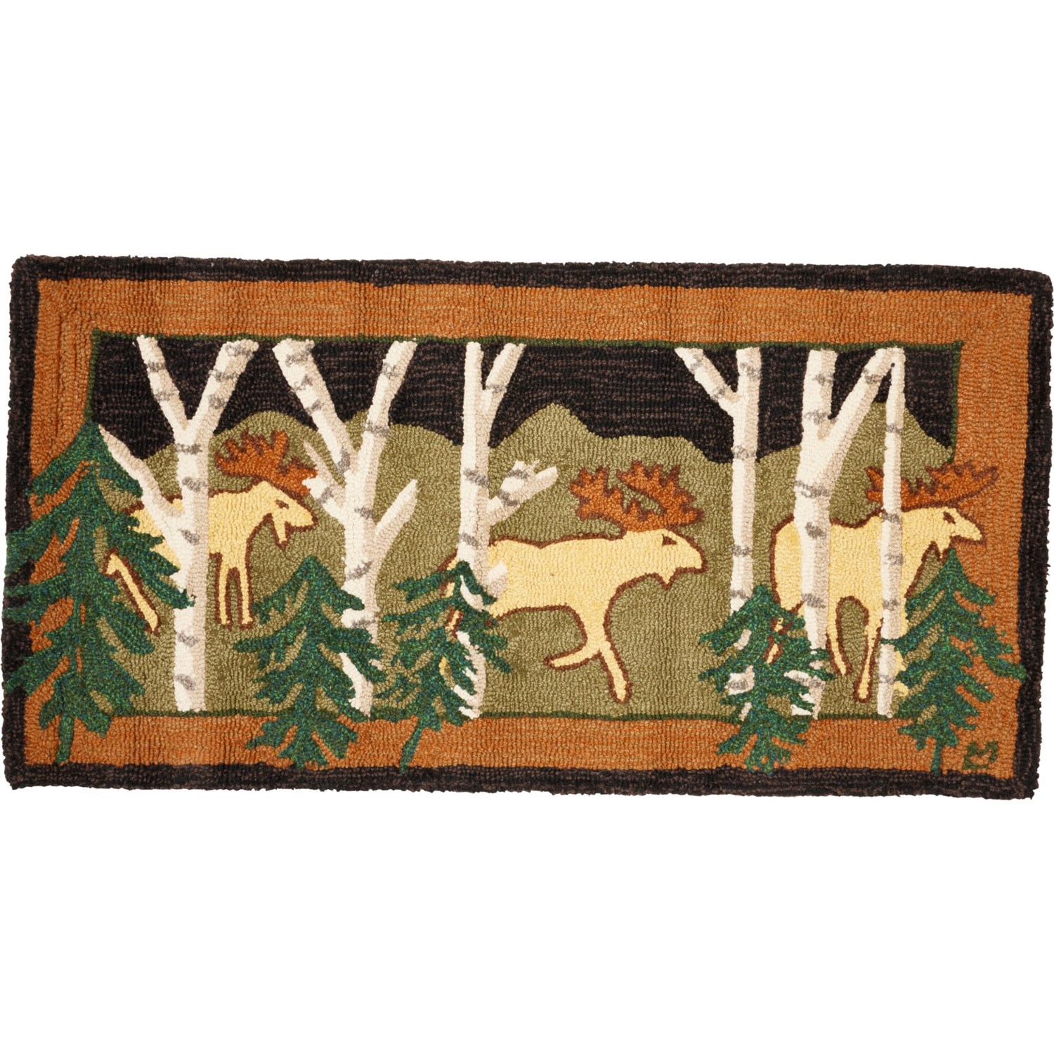 Chandler 4 Corners Three Birch Moose At Night Hooked Rug Wool, 2x4