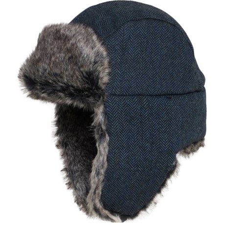 Chaos Herringbone Trapper Hat with Faux-Fur Trim (For Men) in Navy