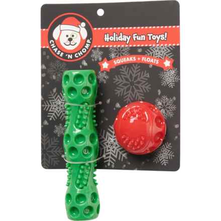 Chase 'N Chomp Holiday Fun Small Stick and Squeaker Ball Dog Toy Set - 2-Pack in Red/Green
