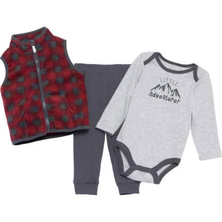 Chick Pea Infant Boys Microfleece Vest, Baby Bodysuit and Pants Set - Long Sleeve in Charcoal Plaid