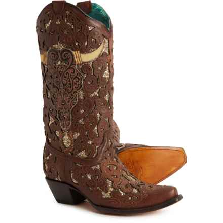 CORRAL A4407 Glitter Inlay and Embroidered Bull Skull Cowboy Boots - 13”, Snip Toe (For Women) in Brown