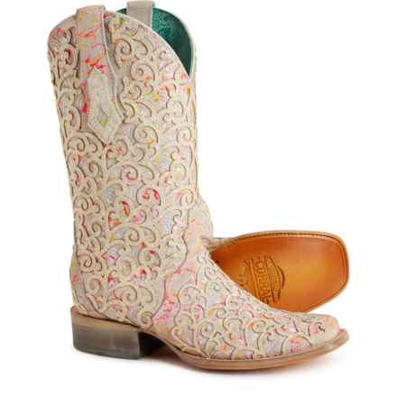 CORRAL Glitter Overlay Neon Black Light Cowboy Boots - 13”, Square Toe (For Women) in White