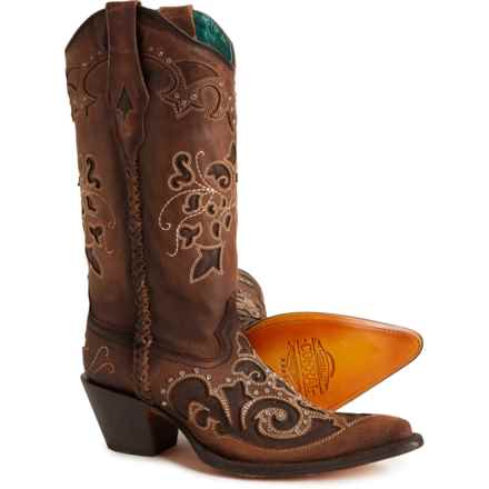 CORRAL Inlay, Embroidery and Crystals Cowboy Boots - 12”, Pointed Toe (For Women) in Brown