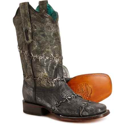 CORRAL Ostrich Embroidery and Woven Wide Square Toe Cowboy Boots - 11” (For Women) in Black