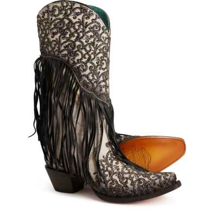 CORRAL Overlay and Embroidery Fringed Western Boots - Lamb Leather, Snip Toe (For Women) in White