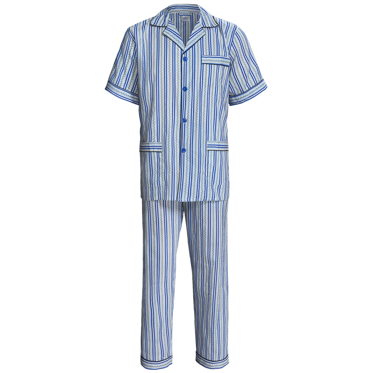 Cotton Pajamas - Short Sleeve (For Men) in Blue/Tan Patterned Stripe