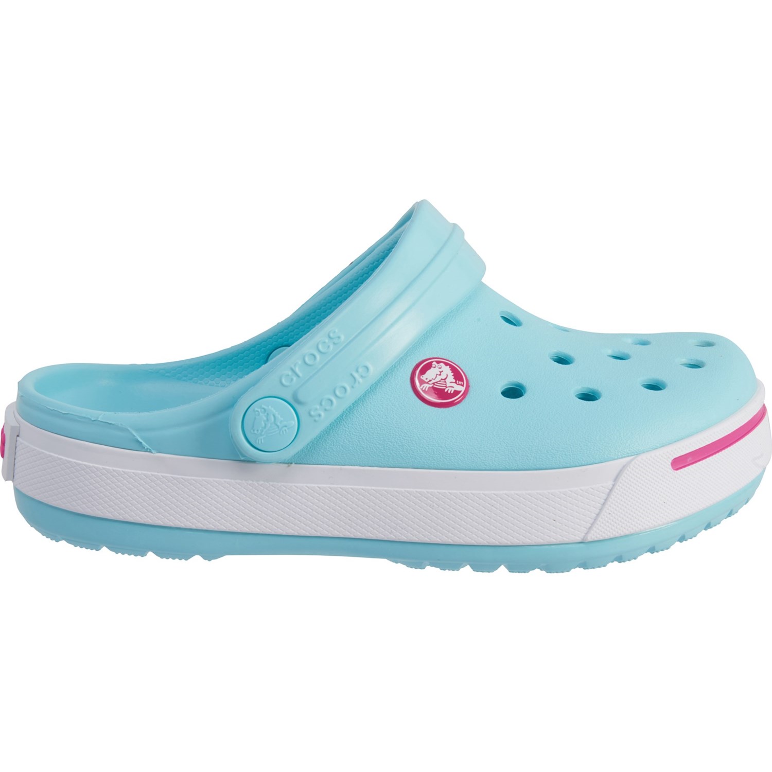 blue and pink crocs