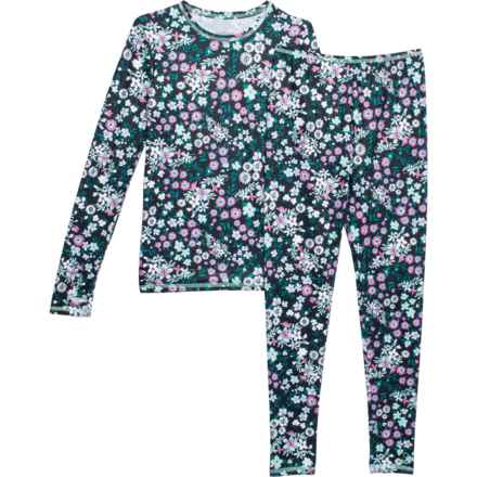 Cuddl Duds Big Girls Comfortech® Stretch-Poly Base Layer Set - Long Sleeve in Navy/Mint Floral