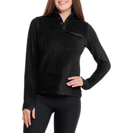 Cuddl Duds FleeceWear Stretch Base Layer Top - Button Neck, Long Sleeve in Black