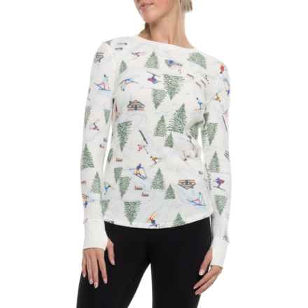 Cuddl Duds Ski Chalet Print Cozy Stretch Thermal Base Layer Top - Long Sleeve in White Novelty