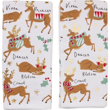 Cupcakes and Cashmere Santa’s 8 Reindeer Kitchen Towels - 2-Pack, 18x28” in Ivory