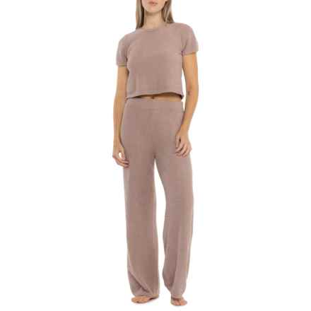 Cupcakes & Cashmere Teddy Cozy Shirt and Wide-Leg Pants Lounge Set - Short Sleeve in Dark Mushroom