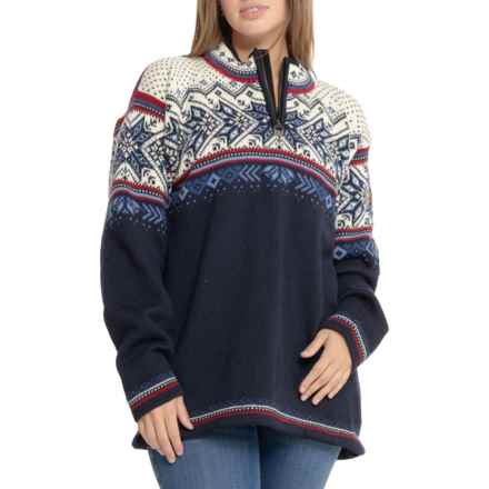 Dale of Norway Vail Sweater - Wool, Zip Neck in Midnight Navy Off White Red Rose