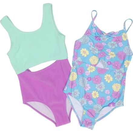 DEREK HEART Big Girls One-Piece Swimsuits - UPF 50+, 2-Pack in Beach Glass/Purple Pop