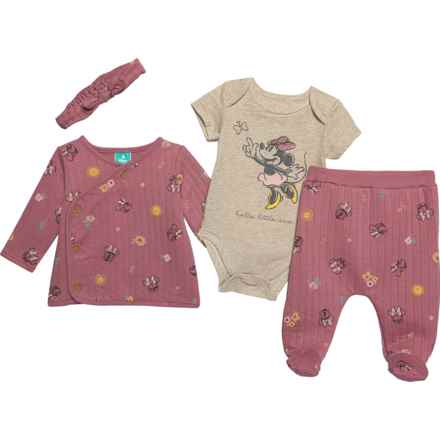 Disney Infant Girls Minnie Mouse Jacket, Baby Bodysuit and Pants Set with Headband in Multi