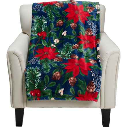 Dwell Holiday Poinsettias Plush Throw Blanket - 400 gsm, 50x70” in Navy