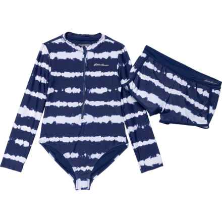 Eddie Bauer Big Girls Sea Spray One-Piece Zip Swimsuit and Shorts Set - Long Sleeve in Navy Blue