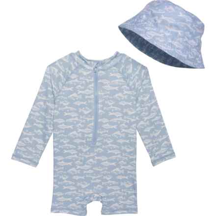Eddie Bauer Infant Boys Rash Guard Bodysuit with Bucket Hat - UPF 30, Long Sleeve in Soft Blue