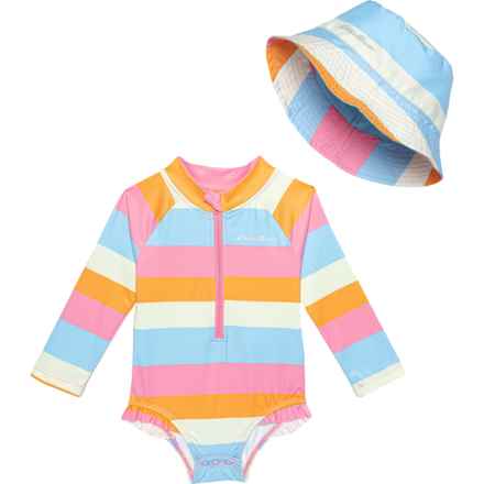 Eddie Bauer Infant Girls Rashguard One-Piece Swimsuit with Hat Set - UPF 30, Long Sleeve in Stripe