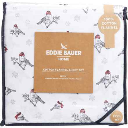 Eddie Bauer Queen Cotton Frosty Finch Flannel Sheet Set - 170 gsm, White in White