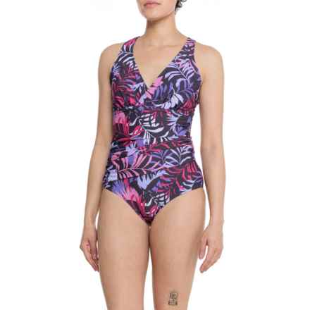 Eddie Bauer Ruched Shaping One-Piece Swimsuit - UPF 50 in Multi( Areca Palm Grape)