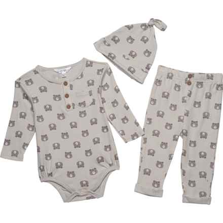 Emily & Oliver Infant Boys Ribbed Baby Bodysuit, Pants and Hat Play Set - Long Sleeve in Bear
