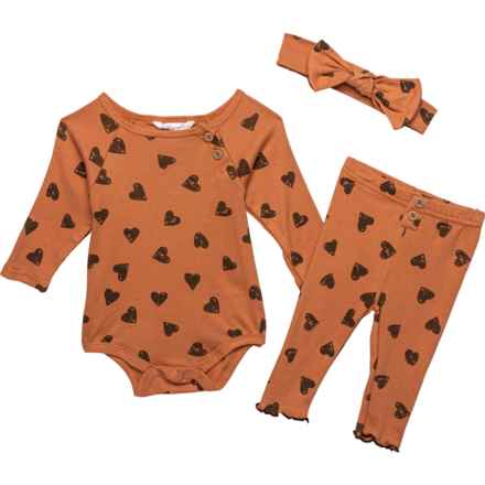 Emily & Oliver Infant Girls Heart Baby Bodysuit, Pants and Headband Set - Long Sleeve in Heart
