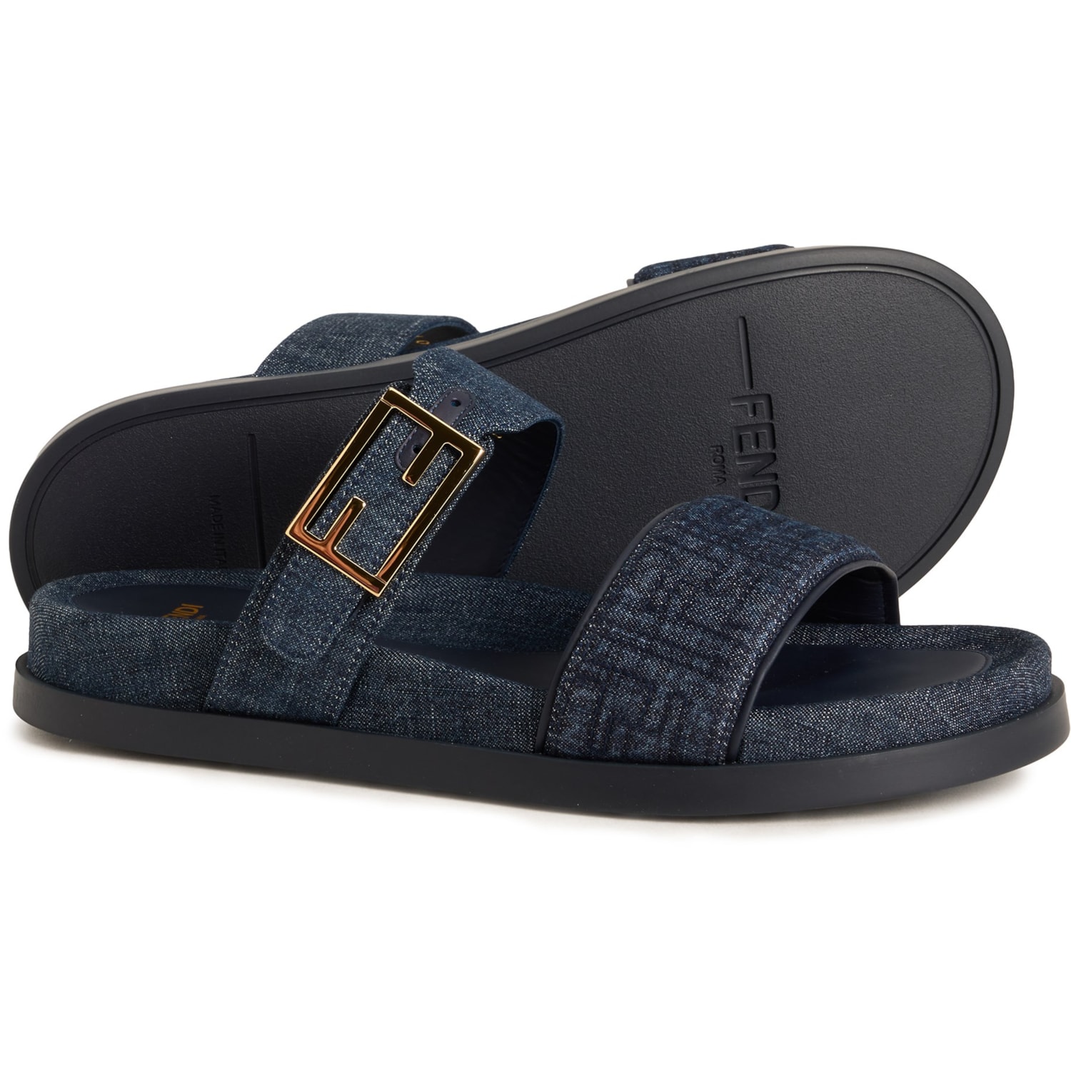 Fendi Made in Italy Double-Band Denim Flat Slides (For Women