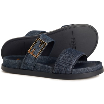 Fendi Made in Italy Double-Band Denim Flat Slides (For Women
