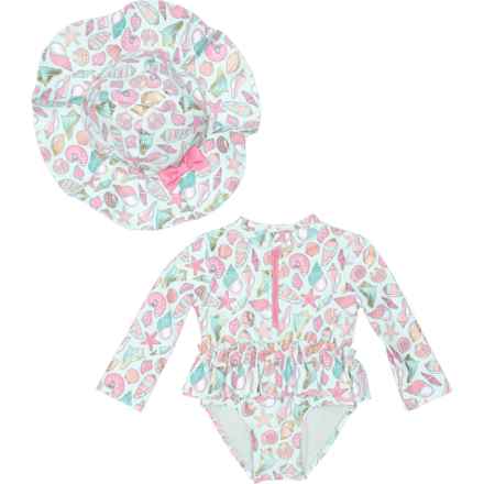 Flapdoodles Infant Girls Paddle Suit and Hat Set - UPF 50, Zip Neck, Long Sleeve in Sachet Pink
