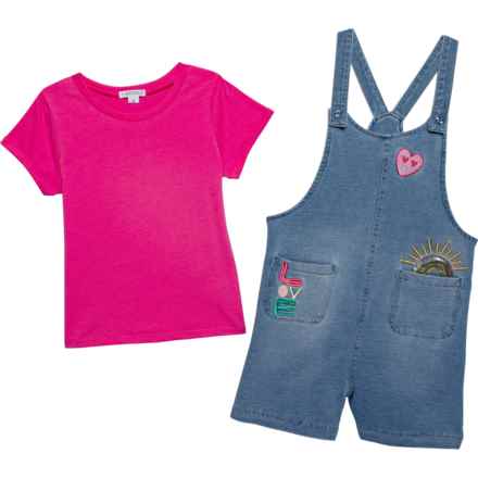 Flapdoodles Little Girls Shirt and Knit Denim Shortall Set - Short Sleeve in Hot Pink
