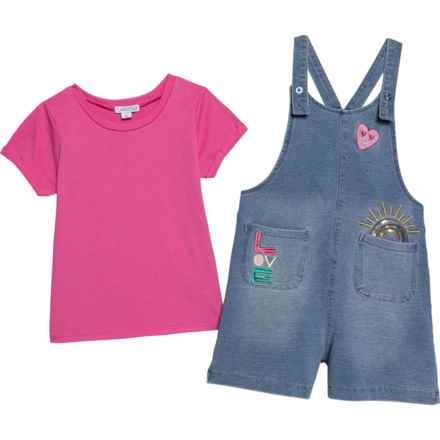 Flapdoodles Little Girls Shirt and Knit Denim Shortall Set - Short Sleeve in Hot Pink