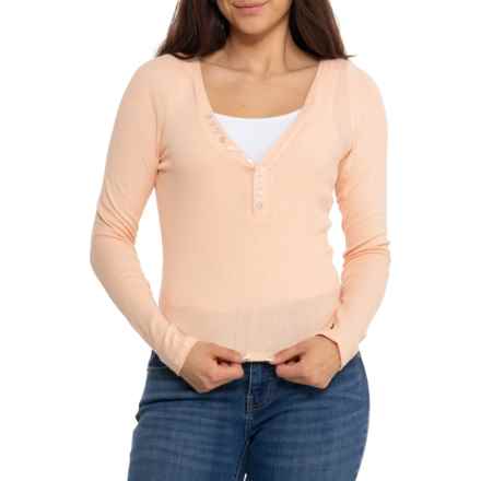 Free People Coffee Chat Ribbed Henley Shirt - Long Sleeve in Tender Peach