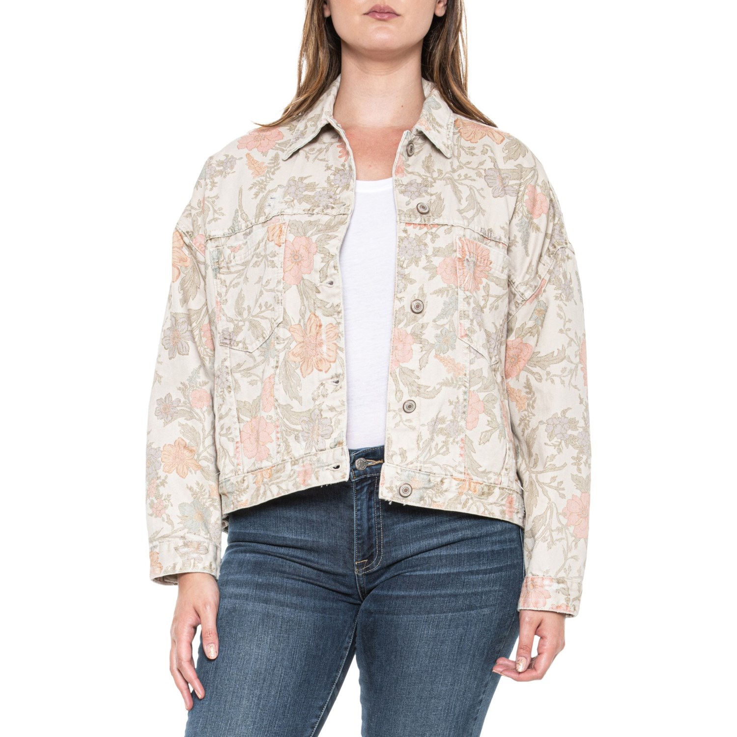 Free People Opal Swing Printed Denim Jacket Ivory Combo / S