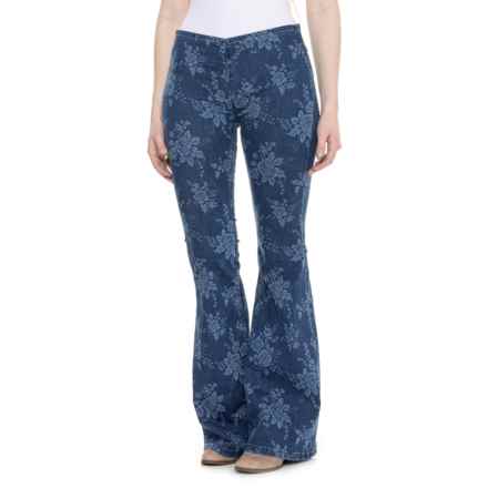 Free People Penny Pull-On Printed Flare Jeans in Denim Blue