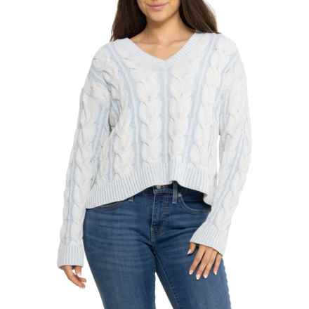 Free People Washed Cable Knit V-Neck Sweater in Blue