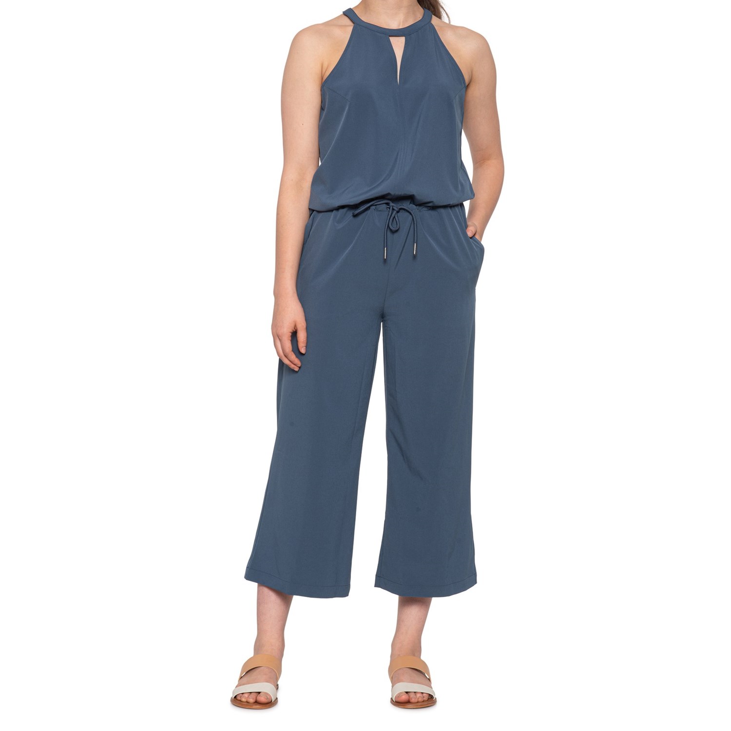 blue cropped jumpsuit