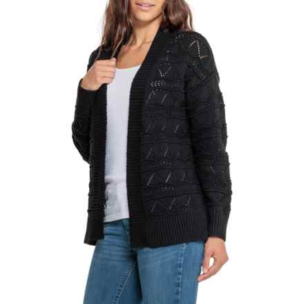 Frye Oversized Drop Shoulder Pointelle Knit Cardigan Sweater - Open Front in Black