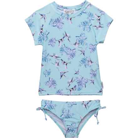GINGERLILLY Little Girls Bird Rash Guard and Bikini Bottoms Set - UPF 50+, Short Sleeve in Blue