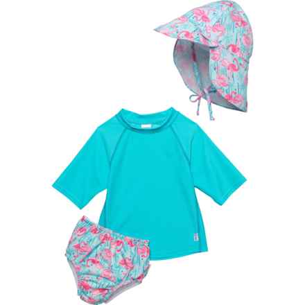 Green Sprouts Toddler Girls Rash Guard and Reusable Swim Diaper Set - UPF 50+, Long Sleeve in Aqua Palm Flamingo